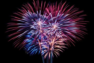 Obraz premium Vibrant fireworks display featuring bursts of red, pink, and blue colors against a black night sky.