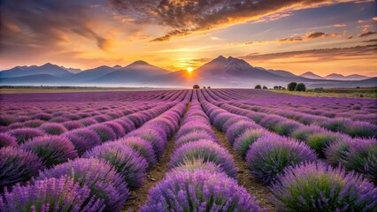 Endless fields of wild lavender against a majestic sunset backdrop over a mountain range, lavender, wildflowers, field