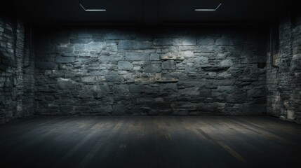 Eerie stone wall and grungy wooden floor in dark room form mysterious ambiance