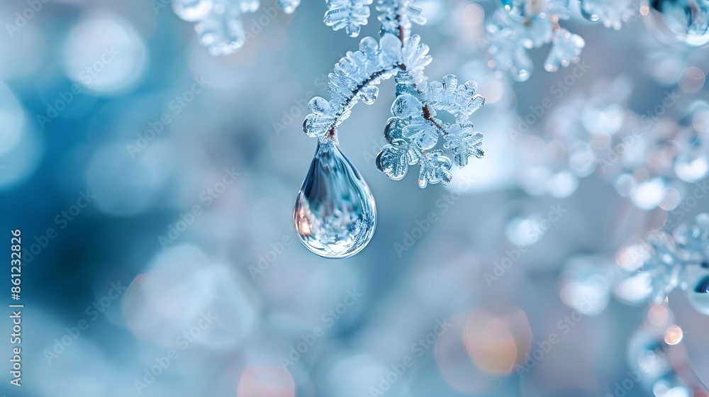 Poster mesmerizing water drop on frosted window with intricate ice crystals