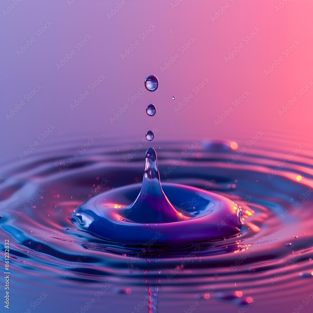 Poster mesmerizing water drop falling into colored ink creating captivating ripple pattern