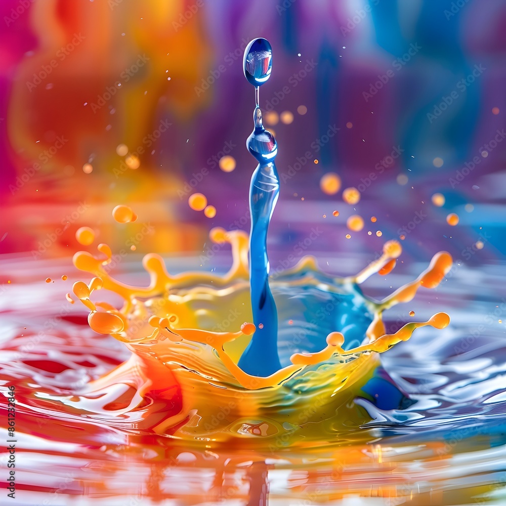 Poster mesmerizing water drop splash in colorful ink creating abstract pattern with copy space