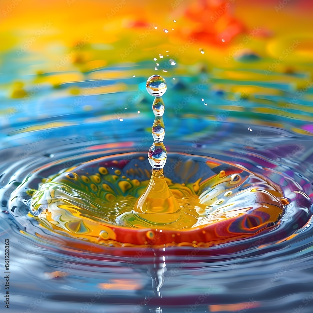 Poster mesmerizing splash of colored water drop in rippling pool