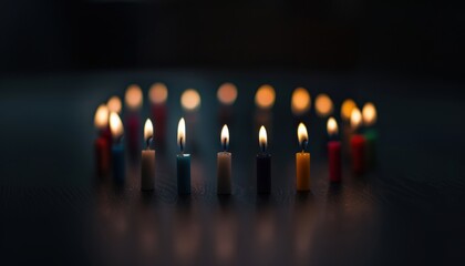 Circle of colorful candles illuminating in the dark, creating a serene and peaceful ambiance with warm, glowing light.