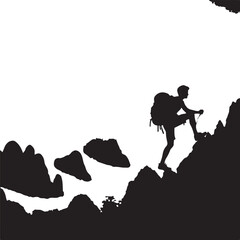 A man climbing mountain vector and hiking flat silhouette design illustration