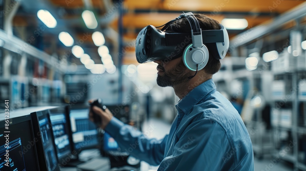 Poster an industrial design engineer in a high-tech factory office, utilizing vr technology for product des