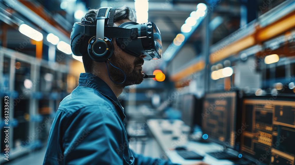 Aufkleber an industrial design engineer in a high-tech factory office, utilizing vr technology for product des