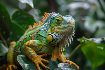 Obraz premium A colorful iguana sits on a branch, surrounded by lush green leaves in a tropical environment