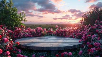 Empty podium surrounded by lush red roses under a partly cloudy sky.