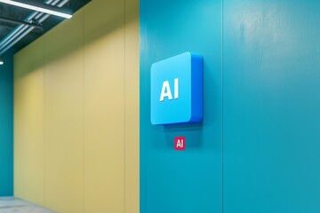 Minimalistic AI icon on blue wall, symbolizing artificial intelligence in a modern and clean design