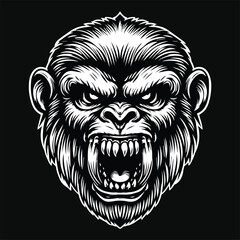 Fototapeta premium Dark Art Angry Beast Monkey Skull Head Black and White Illustration