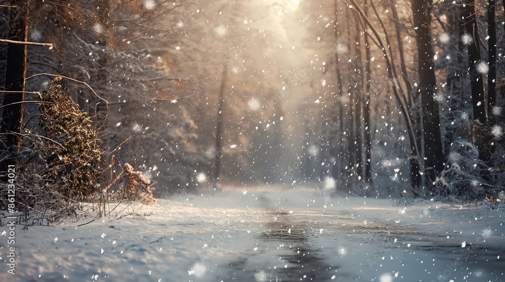 Poster a stunning scene of golden sunlight filtering through trees, illuminating a snowy forest path with g