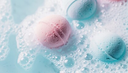 Close-up of colorful bath bombs creating bubbles in water, showcasing a relaxing and luxurious bath experience with pastel colors.
