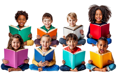 A Celebration of Literacy, A World of Stories: Joyful Children Celebrate Reading, pure joy of discovery found in a good book. A diverse group of children, brimming with smiles.