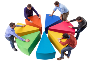 Building Success Together: A Collaborative Team Effort. A Celebration of Collaboration. the power of teamwork.  A diverse group of eight individuals, united in a common goal, assemble a pie chart.