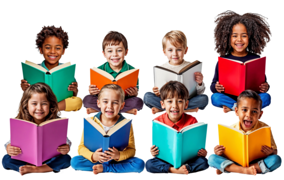 A Celebration of Literacy, A World of Stories: Joyful Children Celebrate Reading, pure joy of discovery found in a good book. A diverse group of children, brimming with smiles. - Powered by Adobe