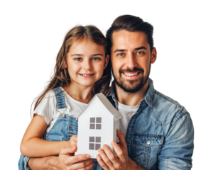 Building Dreams Together: Heartwarming Images of Family and Home. A Shared Vision of Home. a beaming father and his daughter, their smiles radiating pure joy as they hold a paper house in their hands