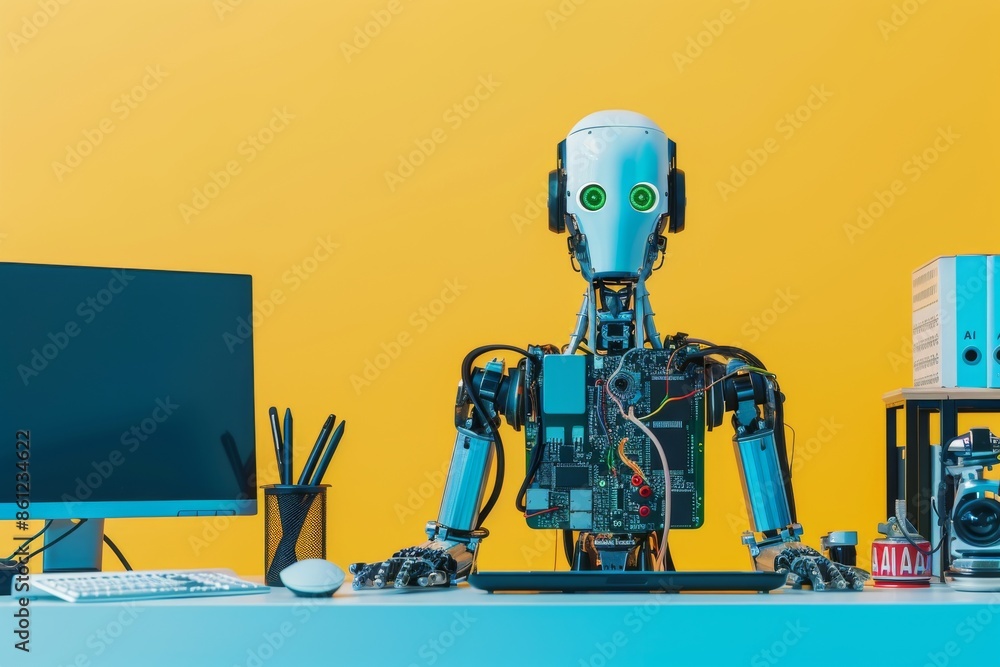 Poster humanoid robot at desk with yellow background, symbolizing artificial intelligence and robotics in a