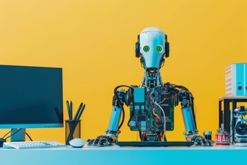 Humanoid robot at desk with yellow background, symbolizing artificial intelligence and robotics in a modern office setting