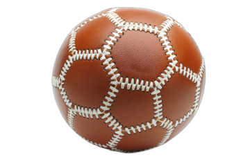A close-up image of a brown leather soccer ball with white stitching on a transparent background