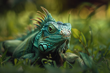 Obraz premium Green iguana with spiked scales resting in lush foliage creating a detailed and striking portrait