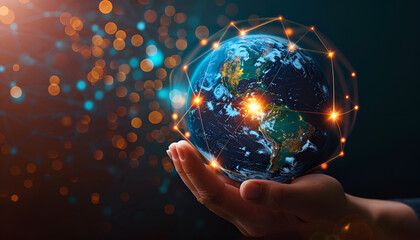 Hand holding earth globe with data exchanges on connection technology
