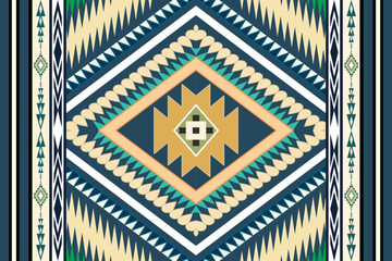 Ethnic tribal aztec colorful blue background. Seamless tribal pattern, folk embroidery, tribal geometric aztec ornament. Tradition Native and Navaho design for fabric , rug carpet, clothing, textile