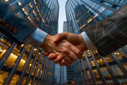 Businessmen shake hands on the background of a business center office corporation, concept of a successful deal
