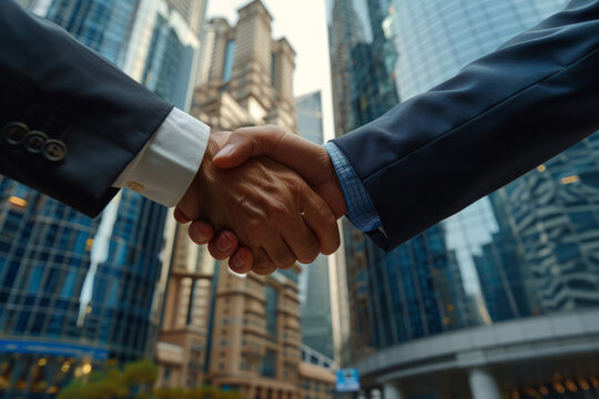 Men in business suits shake hands against the background of a business center office corporation