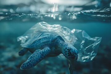 Obraz premium Turtle and plastic bag underwater in the ocean, water pollution concept