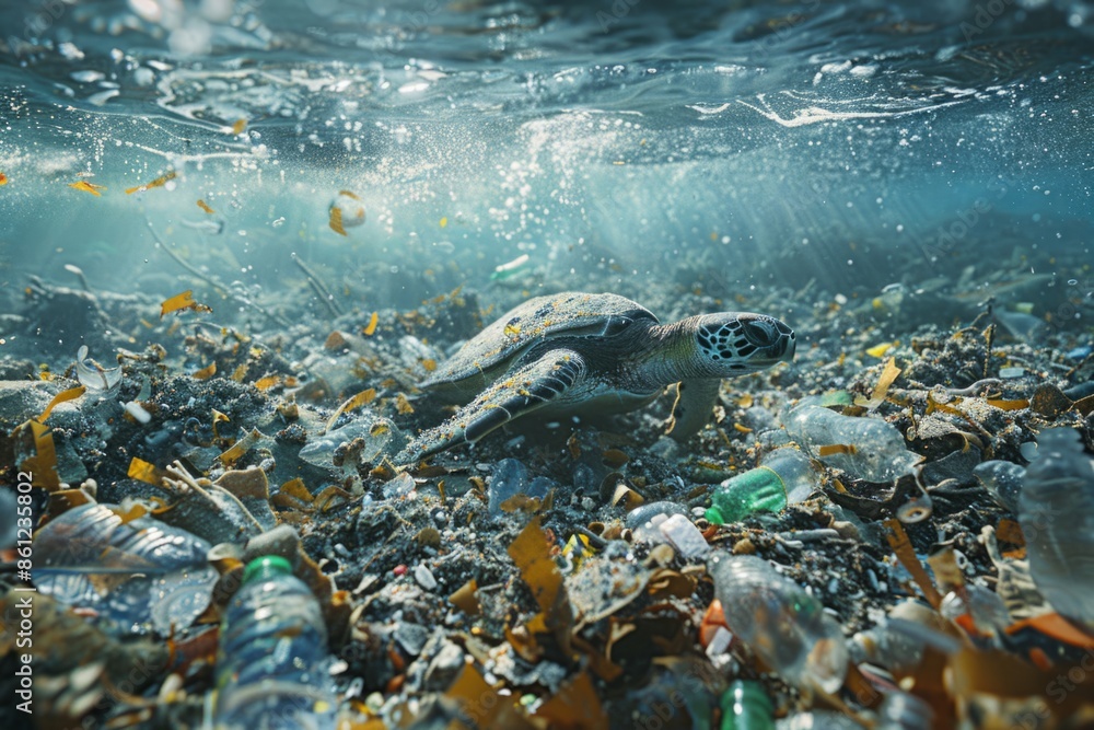 Wall mural Turtle and plastic bag underwater in the ocean, environmental pollution