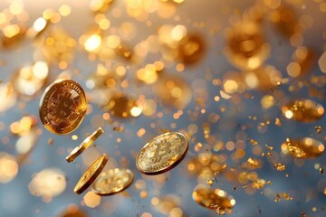 Falling bitcoin coins, cryptocurrency concept