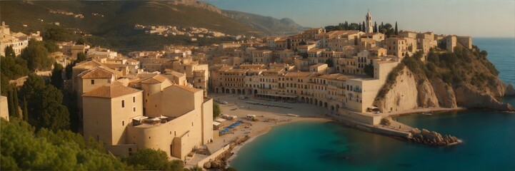 Aerial view of a charming Mediterranean coastal village with white-washed buildings cascading down a hillside towards a serene blue sea.