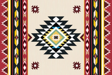 Ethnic tribal aztec colorful red background. Seamless tribal pattern , folk embroidery, tribal geometric aztec ornament design for wallpaper, rug carpet, clothing, fabric, textile, print