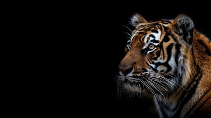 Fototapeta premium Close-up Portrait of a Tiger's Profile Against a Black Background