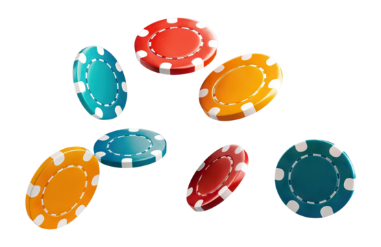 Colorful casino chips falling in the air, cut out