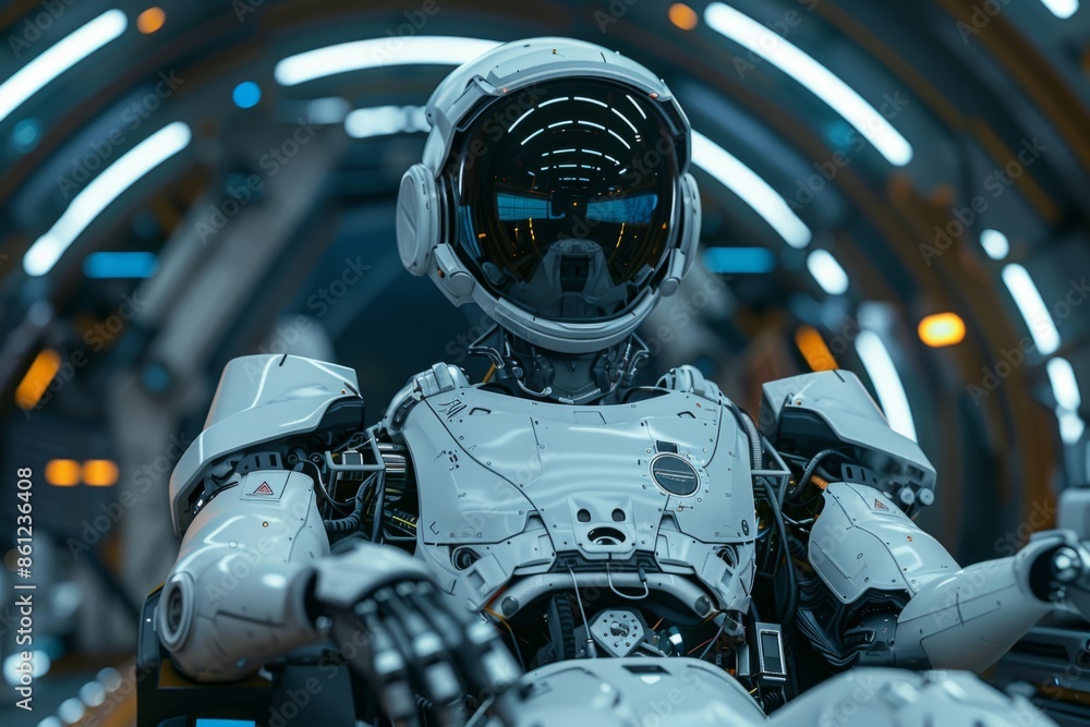 Poster robot cyborg astronaut in a spaceship