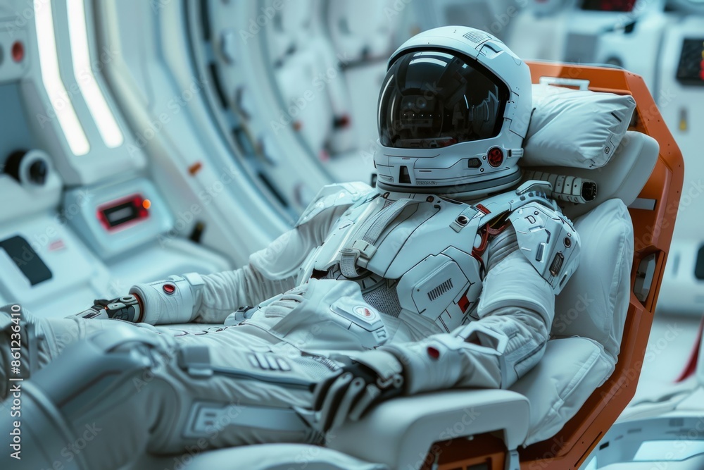 Poster robot astronaut in spaceship, technology development