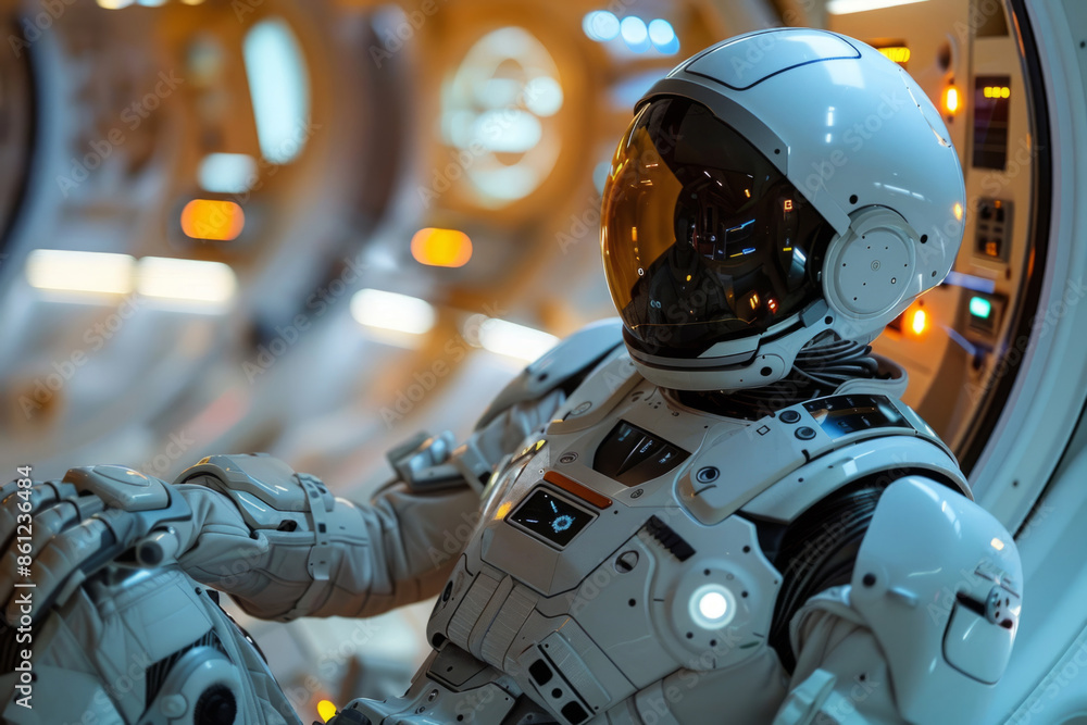 Poster robot cyborg astronaut in a spaceship