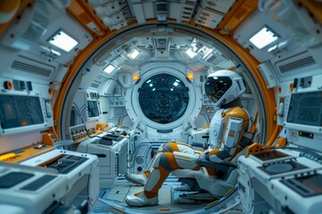 Robot astronaut in spaceship, technology development