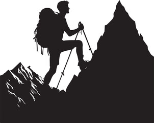 A man climbing mountain vector and hiking flat silhouette design illustration