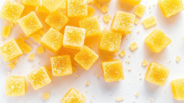 Close up of Yellow Fruit Gummies with Sugar Crystals on White Background.