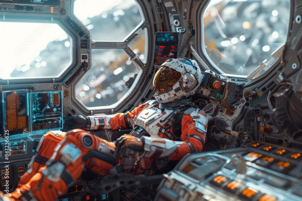 Poster robot astronaut in a spaceship in space