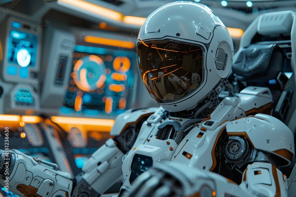 Poster robot astronaut in a spaceship in space