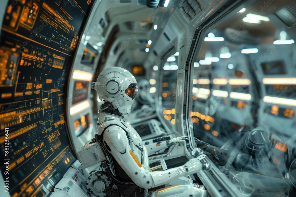 Poster robot pilots a spaceship in space