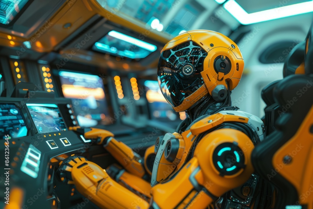 Poster robot pilots a spaceship in space
