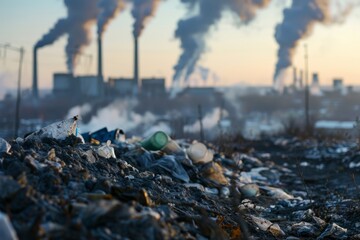 garbage on the background of a smoking factory, pollution concept