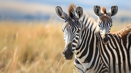 Naklejka premium Plains zebra and foal stand facing camera. 