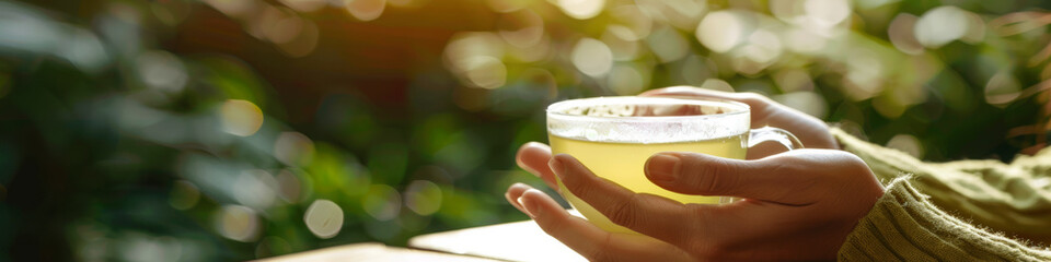 Warm Tea in Hands with Greenery Bokeh Background   Relaxation and Wellness Concept