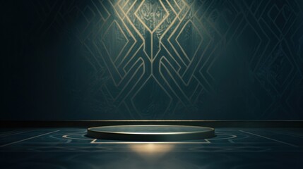 Elegant stage in dim lighting with an art deco patterned backdrop, creating a vintage atmosphere. Perfect for presentations or performances.